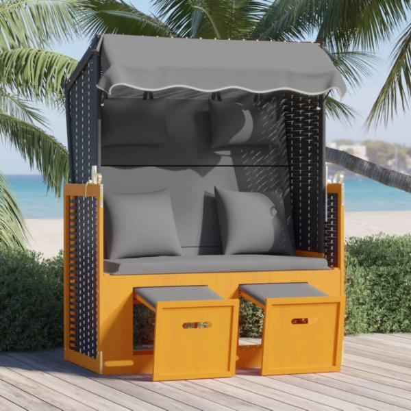 ARDEBO.de - Strandkorb mit Kissen Poly Rattan Massivholz Schwarz Anthrazit