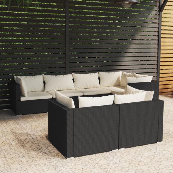 ARDEBO.de - 7-tlg. Garten-Lounge-Set mit Kissen Schwarz Poly Rattan