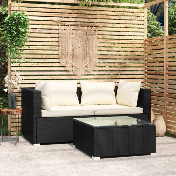 ARDEBO.de - 3-tlg. Garten-Lounge-Set mit Auflagen Schwarz Poly Rattan