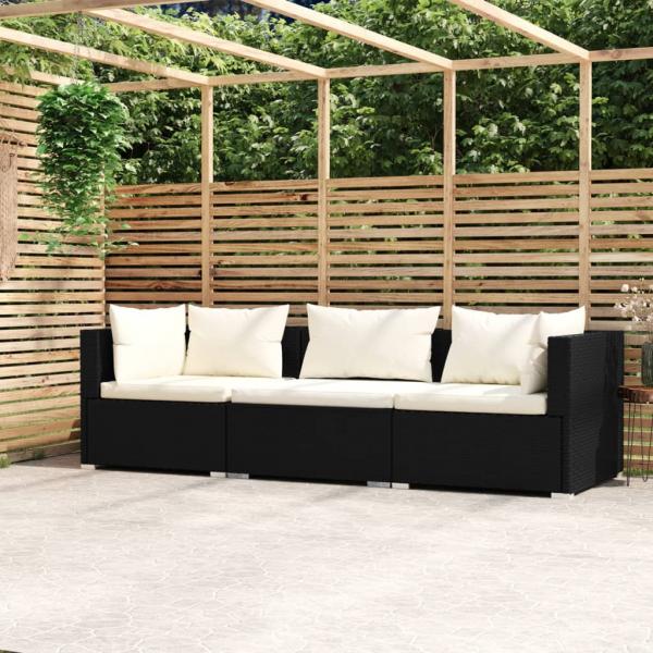 ARDEBO.de - 3-Sitzer-Sofa mit Kissen Schwarz Poly Rattan