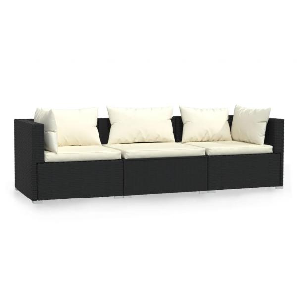 3-Sitzer-Sofa mit Kissen Schwarz Poly Rattan