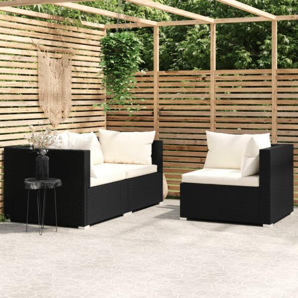 ARDEBO.de - 3-tlg. Garten-Lounge-Set mit Auflagen Schwarz Poly Rattan