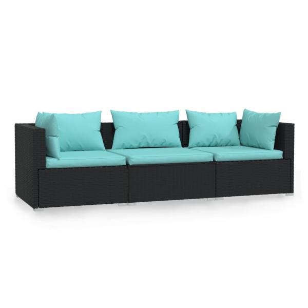 3-Sitzer-Sofa mit Auflagen Schwarz Poly Rattan