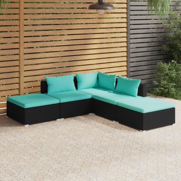 ARDEBO.de - 5-tlg. Garten-Lounge-Set mit Kissen Poly Rattan Schwarz