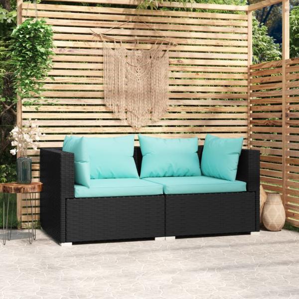 ARDEBO.de - 2-Sitzer-Sofa mit Kissen Schwarz Poly Rattan