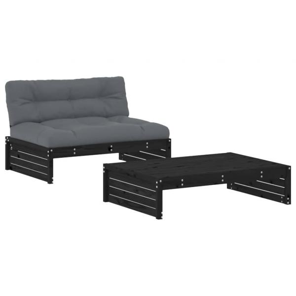 2-tlg. Garten-Lounge-Set mit Kissen Schwarz Massivholz