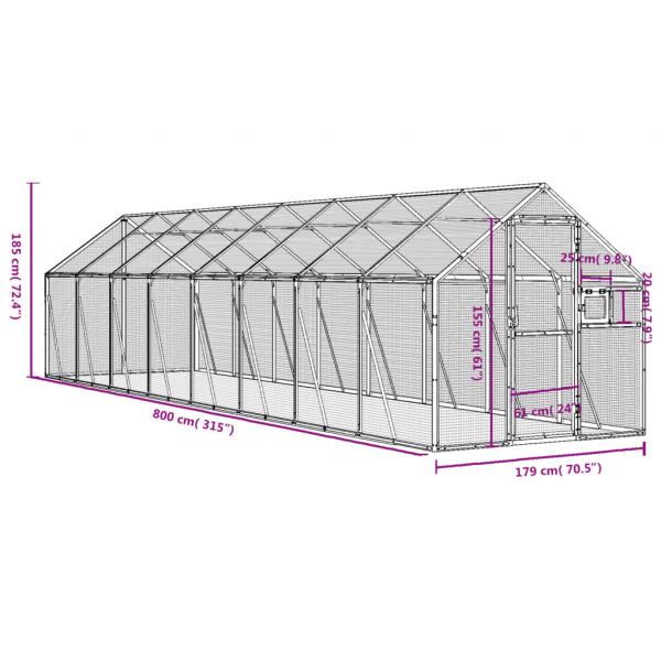 Voliere Silbern 1,79x8x1,85 m Aluminium