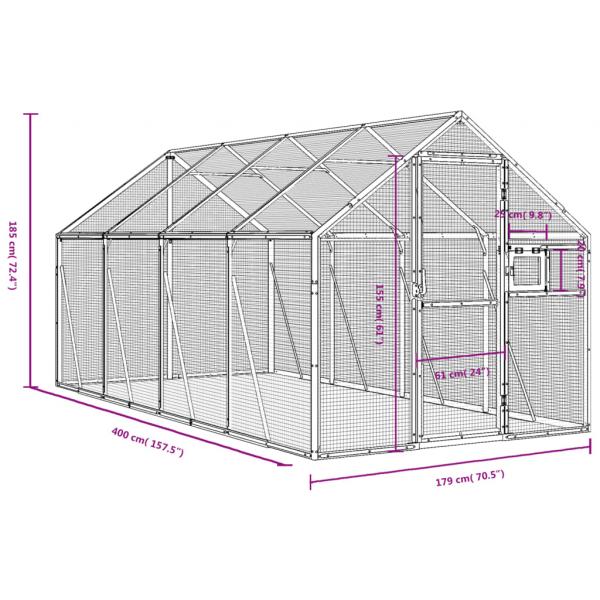 Voliere Silbern 1,79x4x1,85 m Aluminium