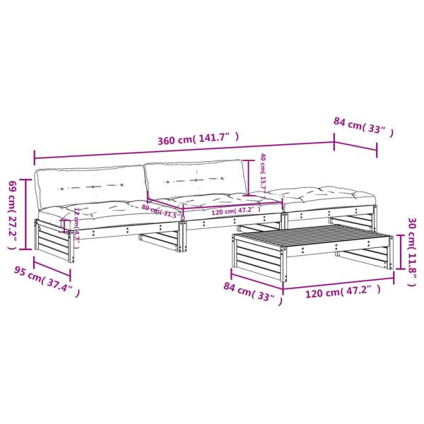 4-tlg. Garten-Lounge-Set mit Kissen Weiß Massivholz