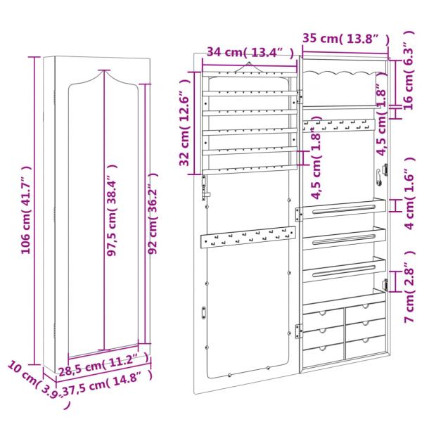 Schmuckschrank mit Spiegel Wandmontage 37,5x10x106 cm