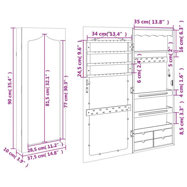 Schmuckschrank mit Spiegel Wandmontage Schwarz 37,5x10x90 cm