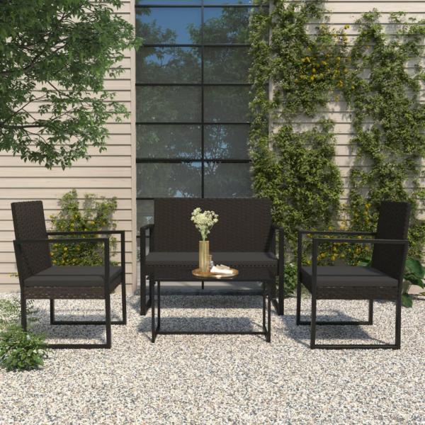 ARDEBO.de - 4-tlg. Garten-Lounge-Set mit Kissen Schwarz Poly Rattan