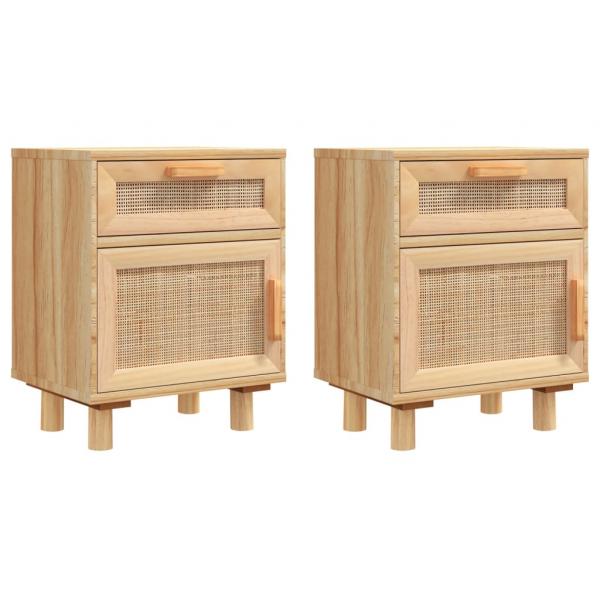 Nachttische 2 Stk. Braun Massivholz Kiefer und Natur-Rattan