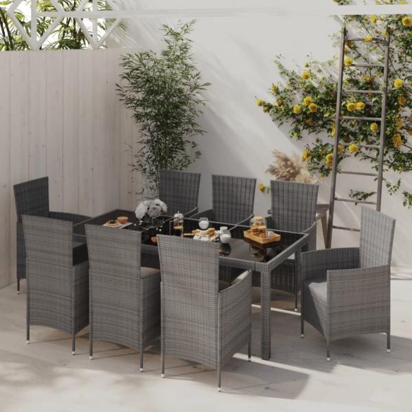 ARDEBO.de - 9-tlg. Garten-Essgruppe mit Kissen Poly Rattan Grau