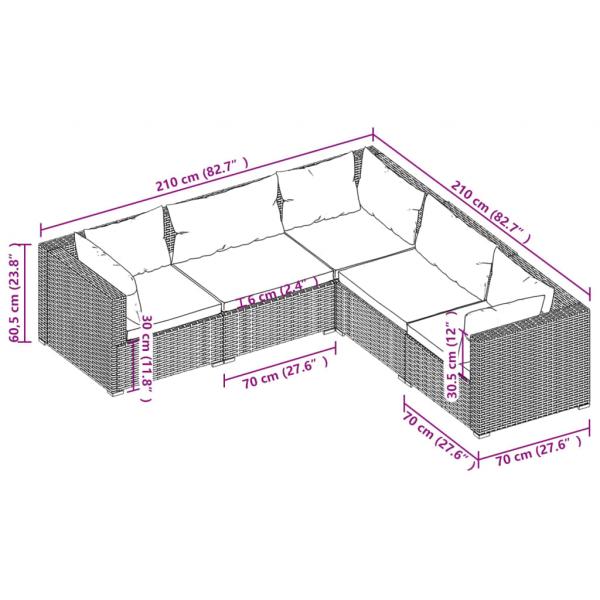 5-tlg. Garten-Lounge-Set mit Kissen Poly Rattan Grau