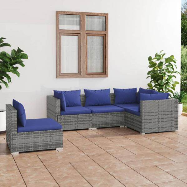 ARDEBO.de - 5-tlg. Garten-Lounge-Set mit Kissen Poly Rattan Grau