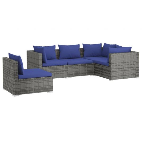 5-tlg. Garten-Lounge-Set mit Kissen Poly Rattan Grau