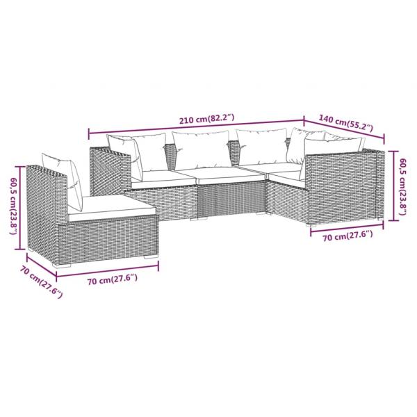 5-tlg. Garten-Lounge-Set mit Kissen Poly Rattan Grau