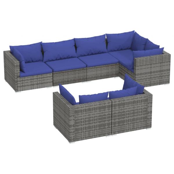 7-tlg. Garten-Lounge-Set mit Kissen Grau Poly Rattan