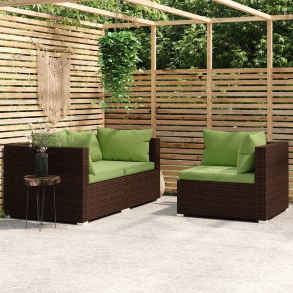 ARDEBO.de - 3-tlg. Garten-Lounge-Set mit Kissen Braun Poly Rattan