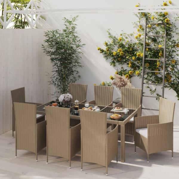 ARDEBO.de - 9-tlg. Garten-Essgruppe mit Kissen Poly Rattan Beige