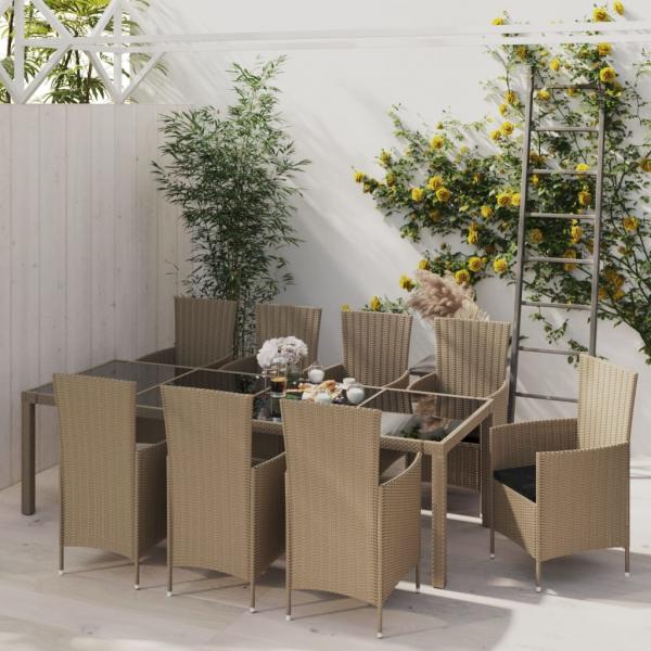 ARDEBO.de - 11-tlg. Garten-Essgruppe mit Kissen Poly Rattan Beige