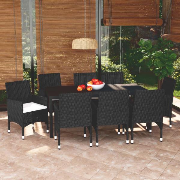 ARDEBO.de - 9-tlg. Garten-Essgruppe mit Kissen Poly Rattan Schwarz