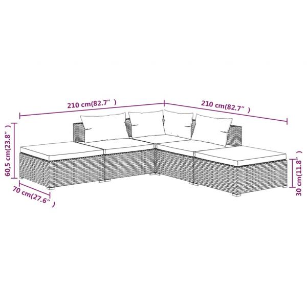 5-tlg. Garten-Lounge-Set mit Kissen Poly Rattan Braun