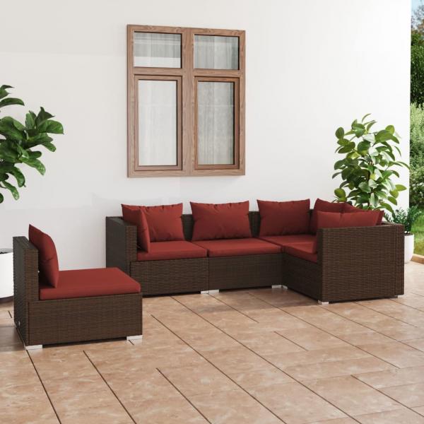 ARDEBO.de - 5-tlg. Garten-Lounge-Set mit Kissen Poly Rattan Braun