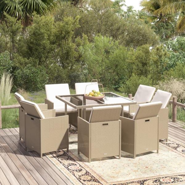 ARDEBO.de - 9-tlg. Garten-Essgruppe mit Kissen Poly Rattan Beige