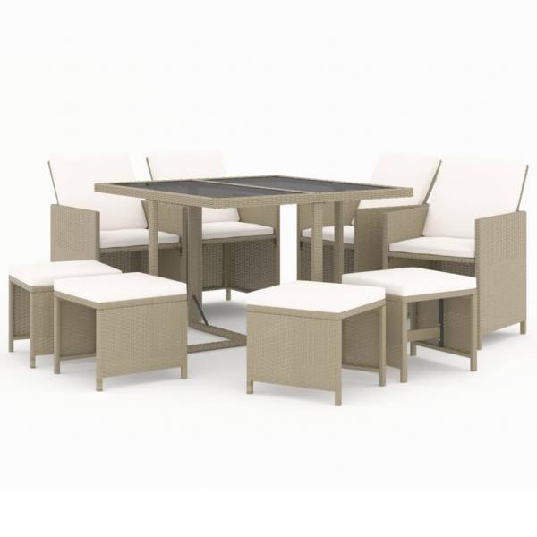 9-tlg. Garten-Essgruppe mit Kissen Poly Rattan Beige