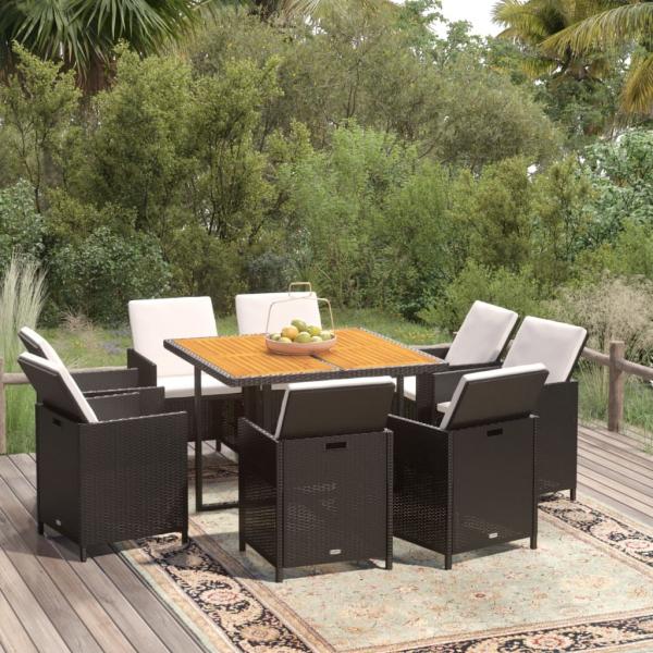 ARDEBO.de - 9-tlg. Garten-Essgruppe mit Kissen Poly Rattan Schwarz