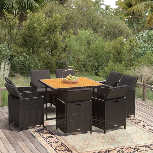 ARDEBO.de - 9-tlg. Garten-Essgruppe mit Kissen Poly Rattan Schwarz