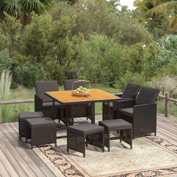 ARDEBO.de - 9-tlg. Garten-Essgruppe mit Kissen Poly Rattan Schwarz