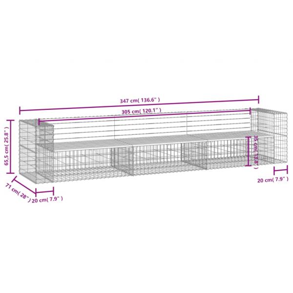 Gartenbank aus Gabionen 347x71x65,5 cm Massivholz Kiefer