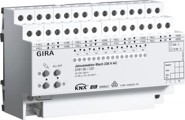 ARDEBO.de KNX Jalousieaktor 8fach 230 V AC / 12-48 V DC mit Handbetätigung, Gira 216100