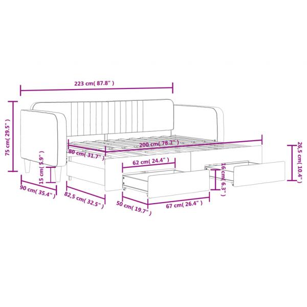 Tagesbett Ausziehbar mit Schubladen Schwarz 80x200 cm Samt