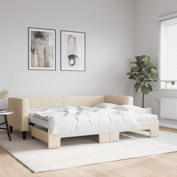 ARDEBO.de - Tagesbett Ausziehbar mit Matratzen Creme 80x200 cm Stoff