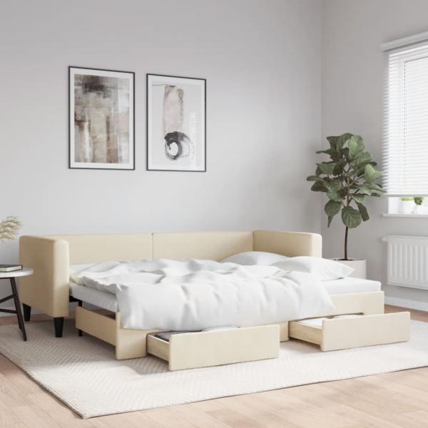 ARDEBO.de - Tagesbett Ausziehbar mit Schubladen Creme 80x200 cm Stoff