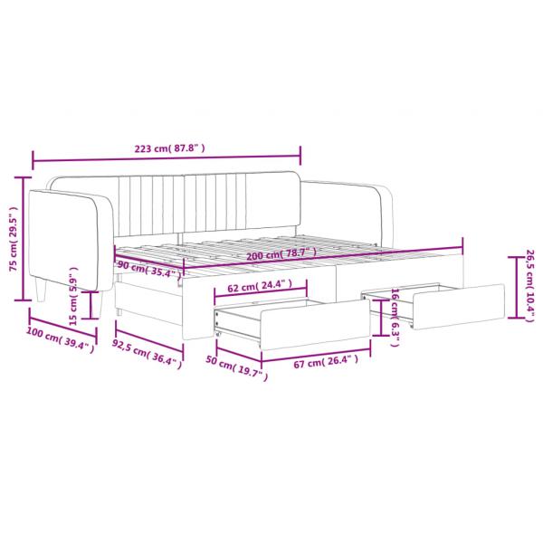 Tagesbett Ausziehbar mit Schubladen Schwarz 90x200 cm Samt