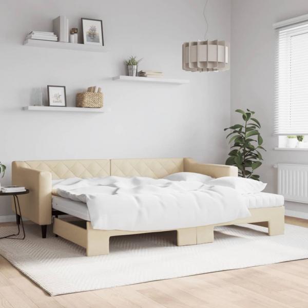 ARDEBO.de - Tagesbett Ausziehbar mit Matratzen Creme 90x200 cm Stoff