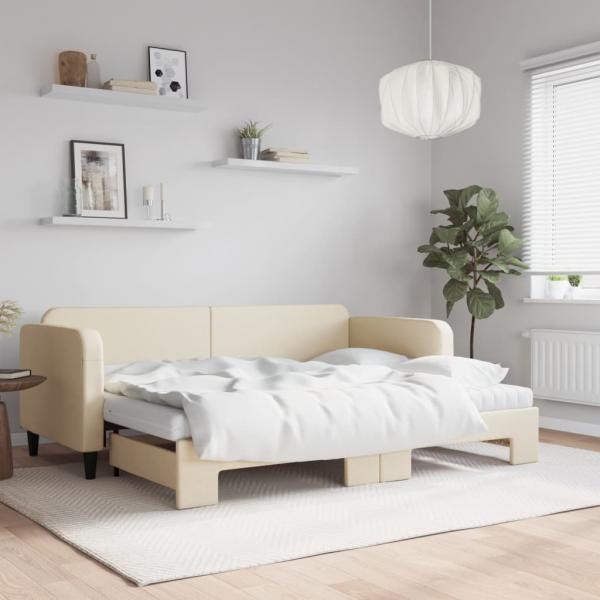 ARDEBO.de - Tagesbett Ausziehbar mit Matratzen Creme 80x200 cm Stoff