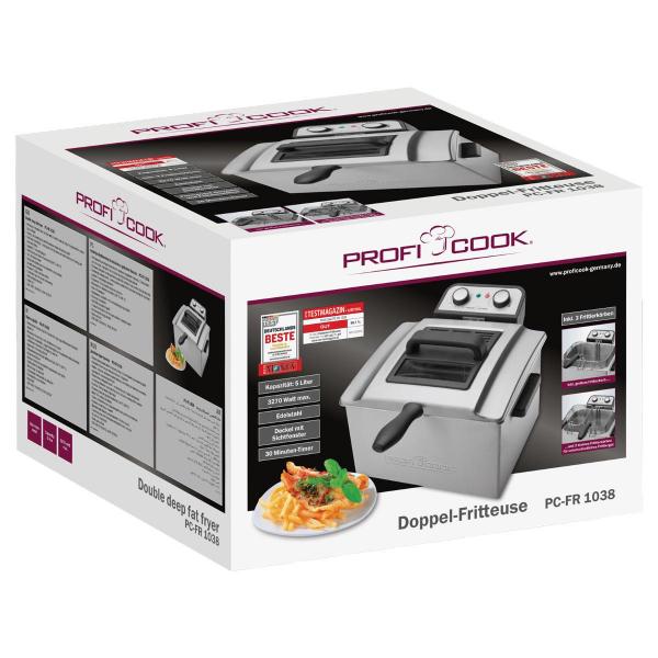 ProfiCook PC-FR 1038 Doppel-Fritteuse, 5 L, 3000 W, 30-Minuten-Timer, stufenlos, 2 Kontrollleuchten, inox (501038)