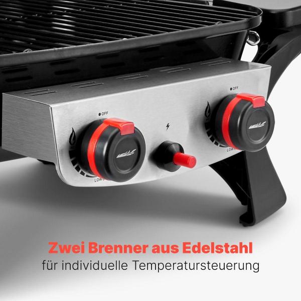 ProfiCook PC-GG 1261 Tisch-Gasgrill, 50 mbar, 2 Heizzonen, 42 x 36 cm großen Grillfläche, schwarz (501261)