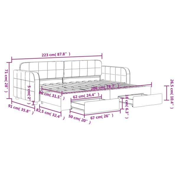 Tagesbett Ausziehbar mit Schubladen Hellgrau 80x200 cm Samt