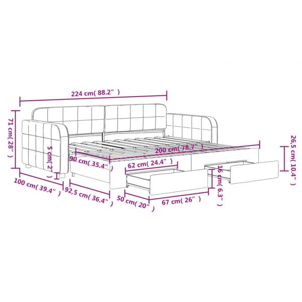 Tagesbett Ausziehbar mit Schubladen Hellgrau 90x200 cm Samt