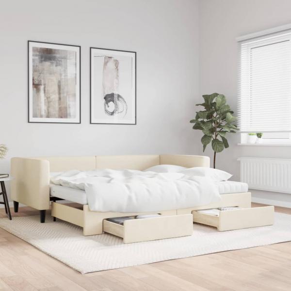 ARDEBO.de - Tagesbett Ausziehbar mit Schubladen Creme 90x200 cm Stoff