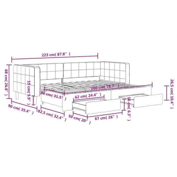 Tagesbett Ausziehbar mit Schubladen Hellgrau 80x200 cm Samt