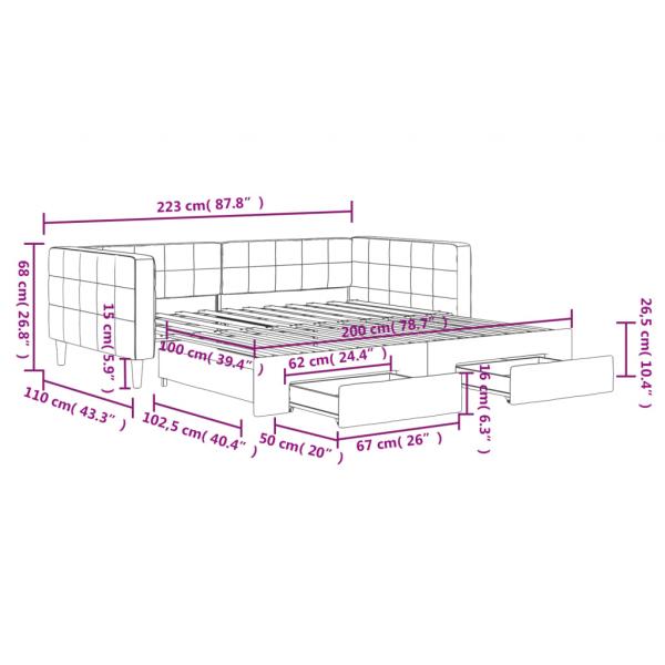 Tagesbett Ausziehbar mit Schubladen Hellgrau 100x200 cm Samt