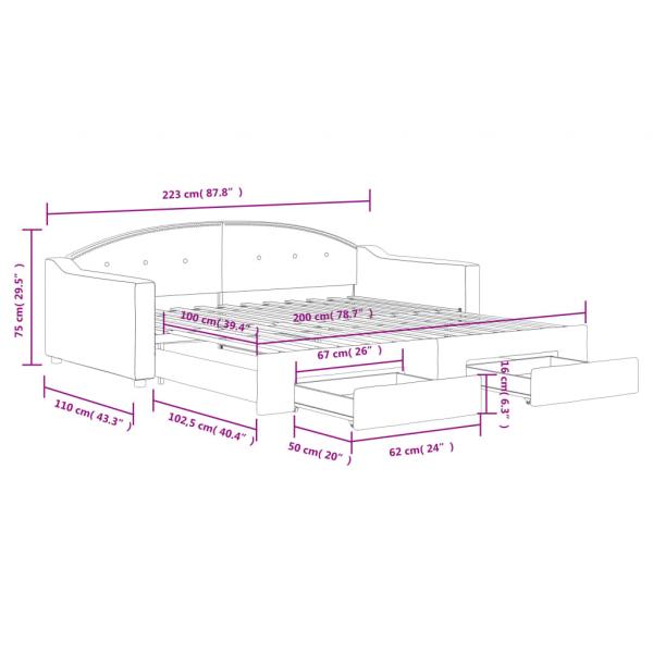 Tagesbett Ausziehbar mit Schubladen Hellgrau 100x200 cm Stoff